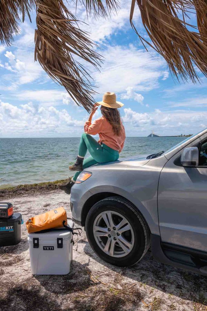 Sam sitting on the hood of a car by the peach under palm tree.