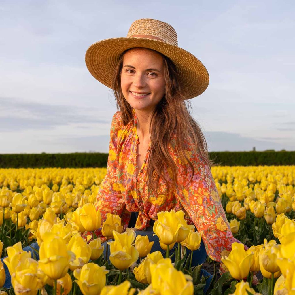 Sam in a field of yellow tulips
